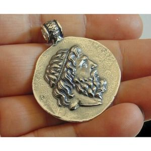 Ancient Greek Coin God Zeus Pendant Medal Medallion Artisan Copy Sterling Silver